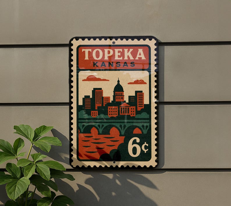 Topeka Kansas Metal Sign – Retro Postage Stamp Design Featuring City ...