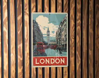Retro London Travel Poster Tin Sign – Vintage Metal Wall Art for Home, Bar, or Office Décor – UK City Souvenir Sign