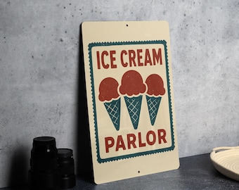Vintage Ice Cream Parlor Metal Sign – Retro Cone Art Wall Decor, Rustic Tin Shop Sign, Stamp Style Dessert Kitchen Plaque