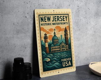 New Jersey Historic Waterfronts Metal Sign – Vintage Stamp Style Wall Art, Retro NJ Coastal Decor for Home or Office