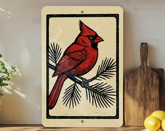 Cardinal on Pine Branch Metal Sign – Rustic Stamp Style Wall Art, Vintage Bird Decor for Cabin, Lodge, or Nature Lovers