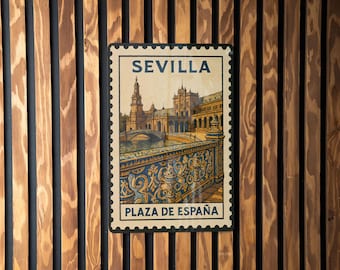 Seville Plaza de España Tile Art Metal Sign – Vintage Spanish Stamp Style Wall Decor for Home or Patio