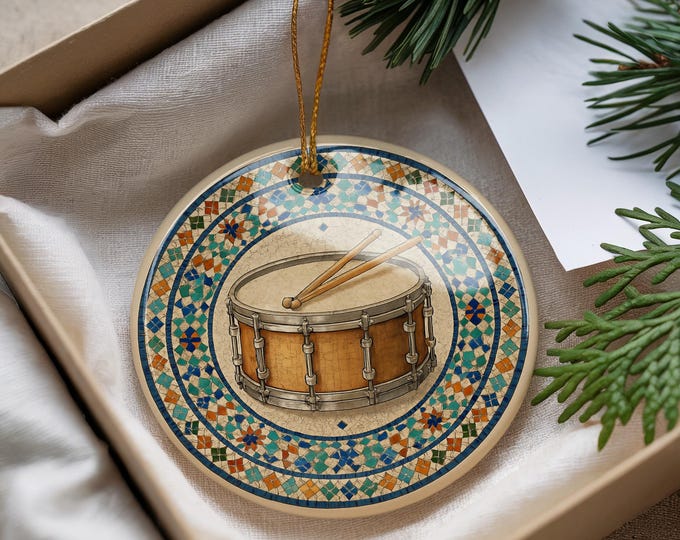 Concert Snare Drum Ceramic Ornament with Circular Moroccan Zellige Mosaic Medallion Design