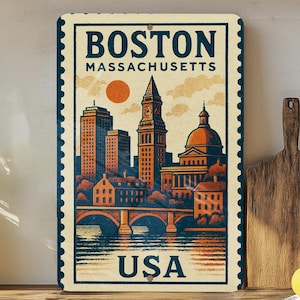Boston Massachusetts Vintage Stamp Metal Sign – Retro Wall Art Decor, USA City Souvenir, Travel Gift, Rustic Home Accent