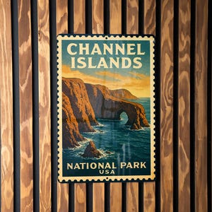 A vintage-style poster of the Channel Islands National Park in the United States, featuring a scenic coastal landscape with cliffs and the ocean.
