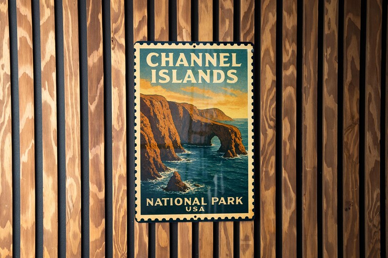 A vintage-style poster of the Channel Islands National Park in the United States, featuring a scenic coastal landscape with cliffs and the ocean.