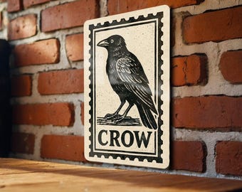 Crow Stamp Art Metal Sign – Rustic Vintage Wall Decor for Home, Cabin, Garage, or Bar – Gothic Crow Artwork