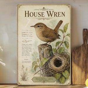 May include: A vintage-style print featuring a detailed illustration of a House Wren perched on a tree stump. The artwork includes a nest, foliage, and scientific details. The print measures 4.3-4.7 inches in length and 0.3-0.6 oz in weight.