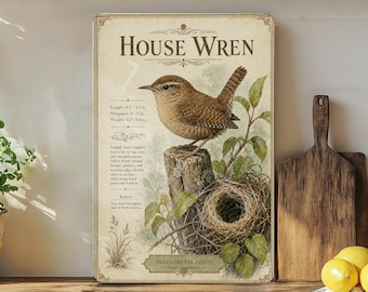 House Wren Metal Sign, Audubon-Inspired Natural History Bird Plate with Scientific Name, Range Map, Habitat Notes Wall Decor