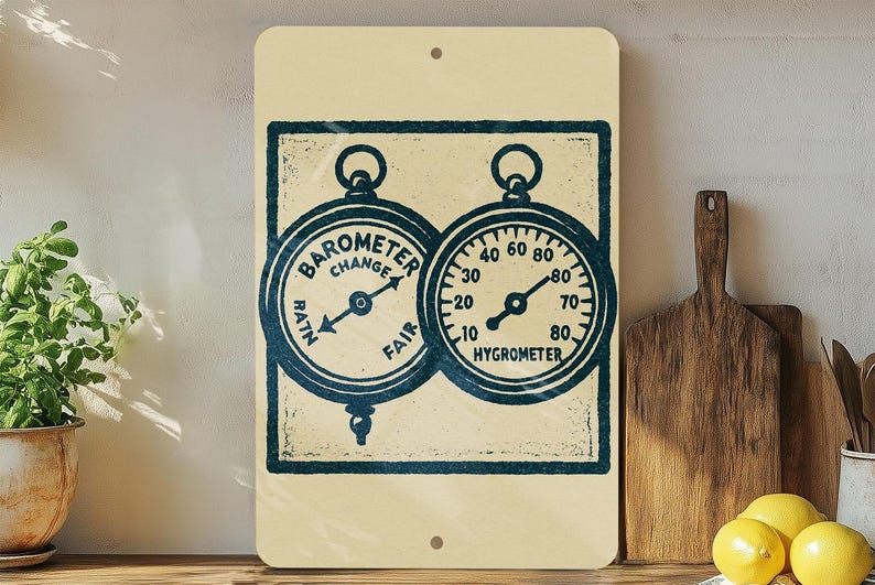 Vintage Barometer and Hygrometer Stamp Style Metal Sign – Weather ...