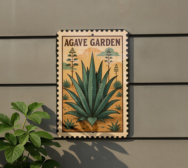 Agave Garden Metal Sign – Vintage Stamp Style Wall Art for Indoor ...
