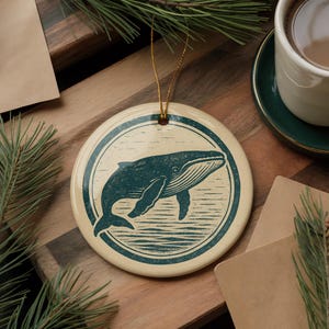 Humpback Whale Ceramic Ornament – Nautical Circular Stamp Art, Ocean Animal Decor, Marine Life Christmas Gift