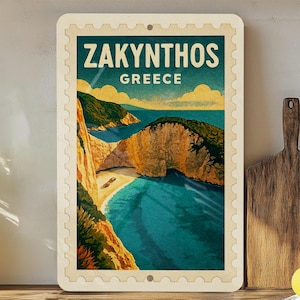 Zakynthos Greece Metal Sign – Vintage Stamp Style Wall Art, Travel Poster Decor, Greek Island Souvenir Gift