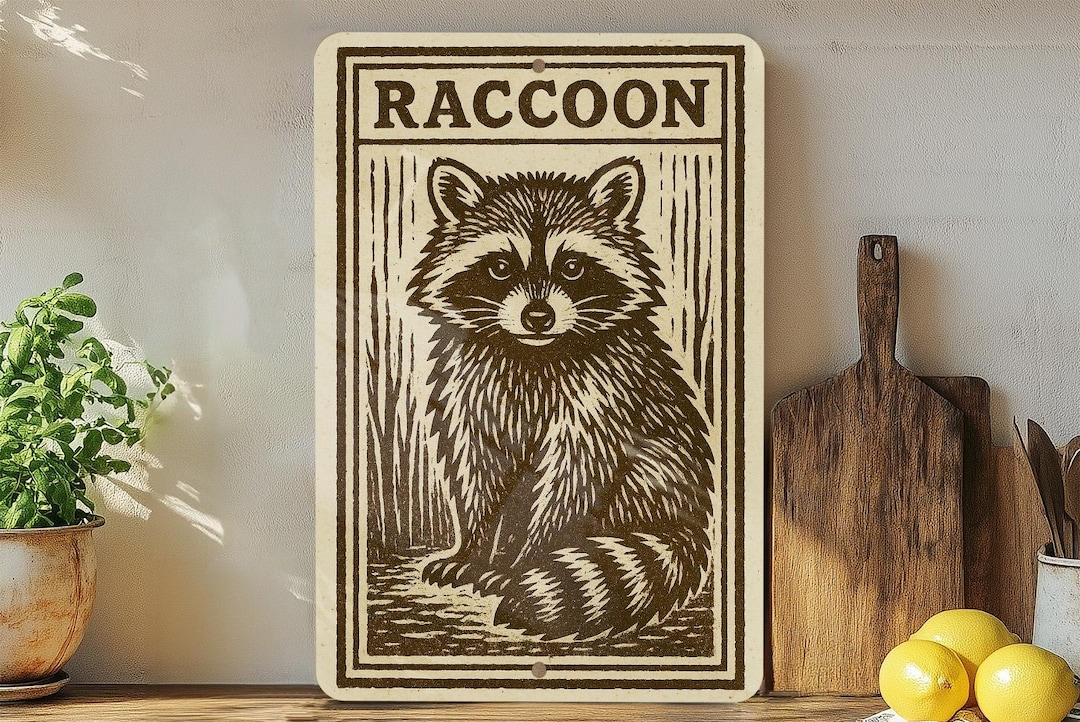 Rustic Animal Sign Raccoon Stamp Style Metal Sign – Rustic Wall Art, Vintage Animal Decor ...