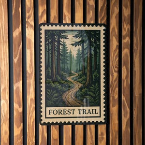 Forest Trail Metal Sign – Rustic Stamp Style Wall Art for Cabin, Lodge, Nature Decor, Outdoor Adventure Gift