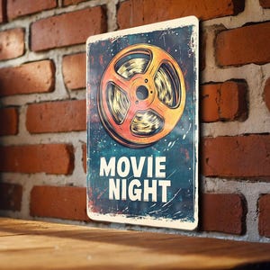 Retro Movie Night Metal Sign, Film Reel Decor, Vintage Wall Art, Cinema Room Accessory, Classic Movie Memorabilia