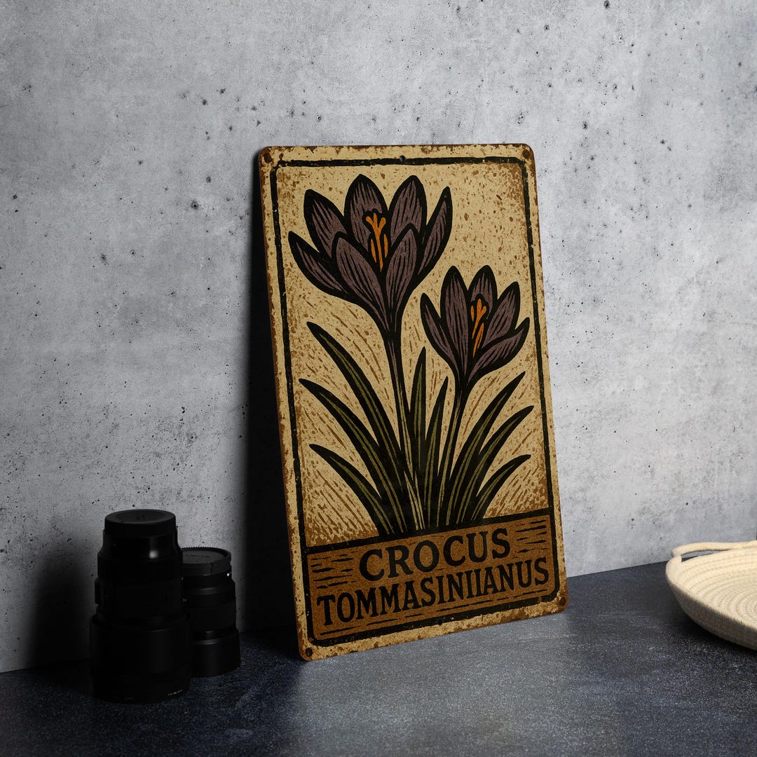 Crocus Sign Vintage Crocus Tin Sign – Folk Art Woodcut Style Metal Wall Decor ...