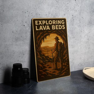 May include: A rectangular sign with the text "EXPLORING LAVA BEDS" and an illustration of a person with a backpack and walking stick entering a cave. The sign has a brown and tan color scheme.