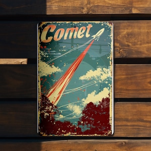 Retro Comet Metal Sign, Vintage Sky Art, Hand-Drawn Elements, Comet Trail Decor, Warm Hues Design