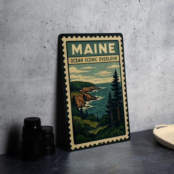 Maine Ocean View Metal Sign – Vintage Scenic Overlook Stamp Art, Coastal Wall Decor, Outdoor Nature Landscape Sign