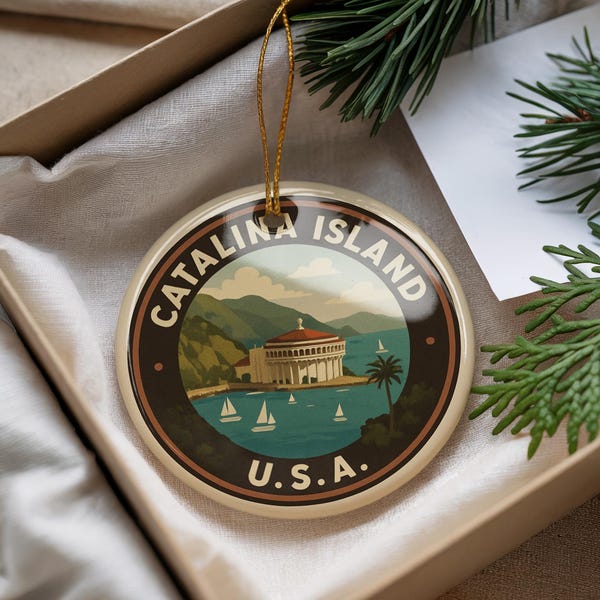 Catalina Island USA Ornament – Circular Railway Badge Design Featuring Iconic Catalina Landmark Ceramic Ornament