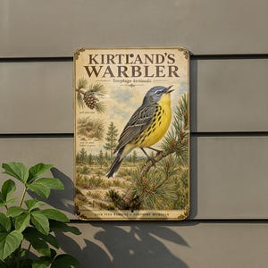 May include: A rectangular metal sign featuring a Kirtland's Warbler bird illustration with yellow and grey feathers perched on a pine branch. The text reads Kirtland's Warbler, Setophaga kirtlandii, jack pine cone, nest on sand, hidden in grass, and Jack Pine Barrens - Northern Michigan.