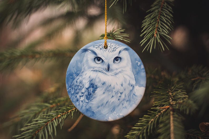 Snowy Owl Ceramic Ornament, Handpainted Circular Design, Ethereal