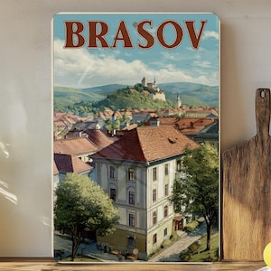 Retro Brasov Travel Poster Tin Sign – Vintage-Style Romania Wall Decor, Metal Plaque for Home, Bar, or Man Cave