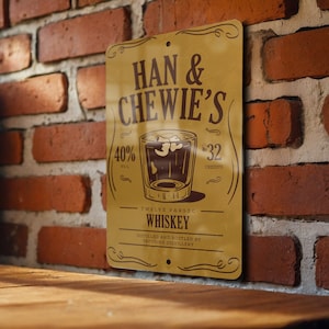 May include: A vintage-style metal sign with a yellow background and brown text. The sign reads "Han & Chewie's Twelve Parsec Whiskey 40% Vol 32 Credits Distilled and Bottled by Tatooine Distillery". The sign also features a cartoon illustration of a glass of whiskey with ice cubes.