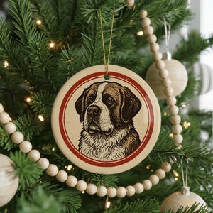 Saint Bernard Dog Ceramic Ornament – Round Stamp Style Pet Portrait Gift, Holiday Decor, Rustic Dog Lover Christmas Keepsake