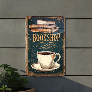 BOOKSHOP Vintage Style Metal Sign - Books and Coffee Illustration, Warm ...
