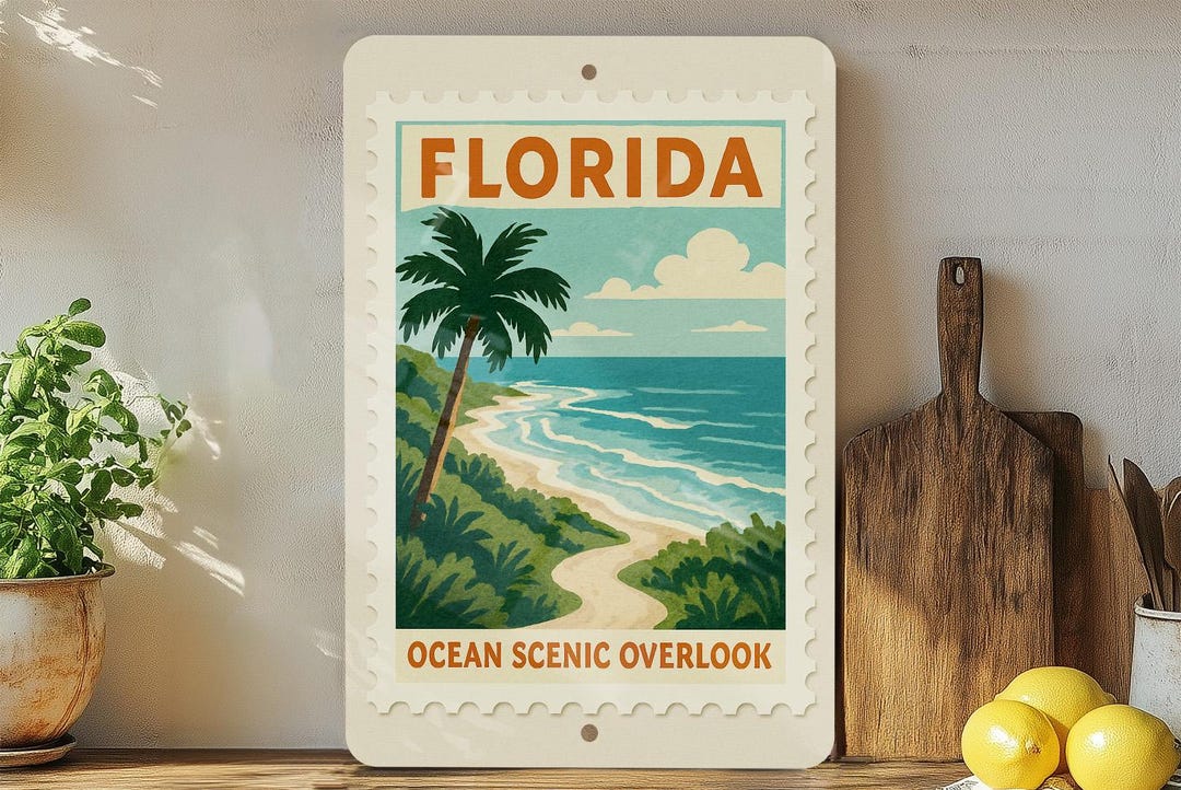 Florida Ocean Scenic Overlook Metal Sign – Vintage Stamp Style Coastal ...