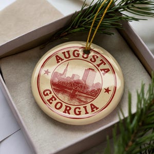Augusta Georgia Ceramic Ornament – Circular Stamp Style Art, USA City Souvenir, Travel Keepsake Christmas Decoration