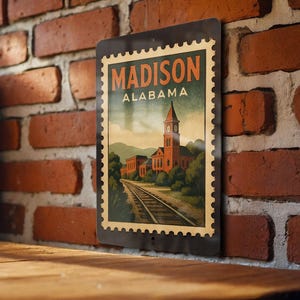 A vintage-style metal sign with the text "MADISON ALABAMA" displayed on a brick wall.