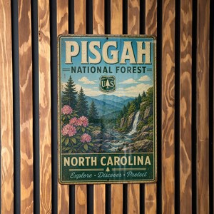 A vintage metal sign for Pisgah National Forest in North Carolina, featuring a scenic mountain landscape with a waterfall.