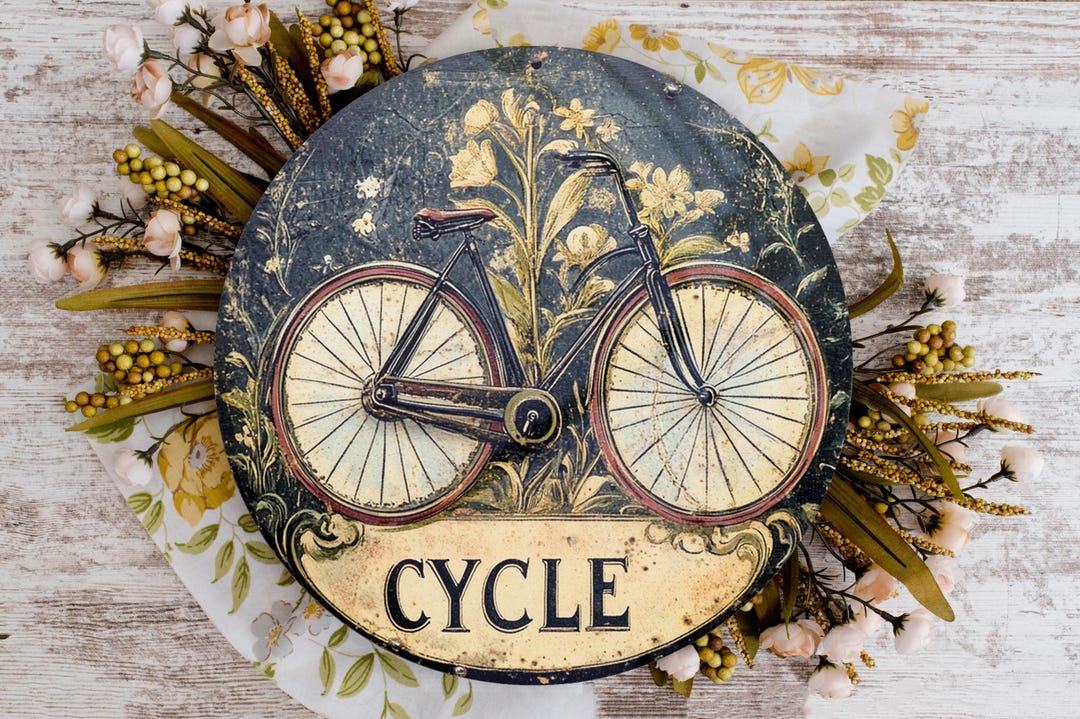 Vintage Whimsy Wheels Round Metal Sign, Floral Tapestry Decor, Rustic ...