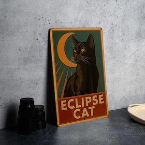 Vintage Eclipse Cat Tin Sign 1930s WPA Style Wall Art – Rustic Metal Plaque with Retro Colors & Heroic Mid-Century Design