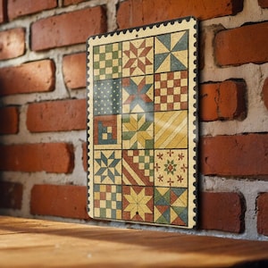 Patchwork Quilt Metal Sign – Vintage Stamp Style Wall Art, Farmhouse Quilt Decor, Rustic Country Home Sign