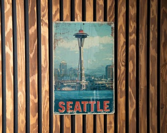 Seattle Retro Travel Poster Tin Sign – Vintage-Style Metal Wall Art for Home, Bar, or Office Decor, Rustic Seattle Souvenir