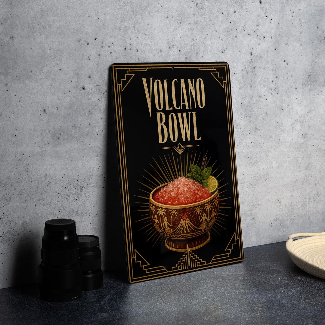 Volcano Rum Volcano Bowl Metal Sign, Vintage Art Deco Tiki Cocktail Poster Bar ...