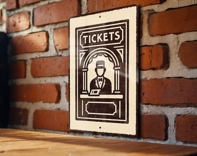 Theater Ticket Booth Window Metal Sign – Vintage Style Stamp Art Décor for Home, Movie Room, or Concession Stand