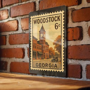 A vintage-style stamp depicting a brick building with a clock tower, mounted on a brick wall.
