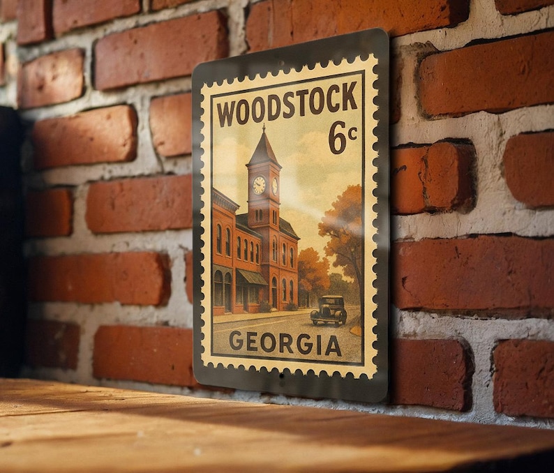 A vintage-style stamp depicting a brick building with a clock tower, mounted on a brick wall.