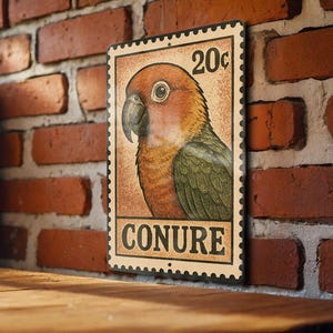 Conure Parrot Metal Sign – Vintage Stamp Style Bird Wall Art for Home, Patio, or Aviary Decor Gift
