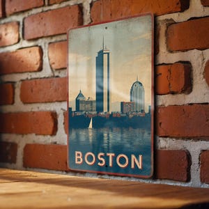 Retro Boston Travel Poster Tin Sign – Vintage-Style Boston Metal Wall Art, Rustic Home Decor, City Souvenir Sign