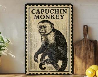 Capuchin Monkey Stamp Style Metal Sign – Vintage Wall Art for Home, Bar, Garage, or Man Cave Decor