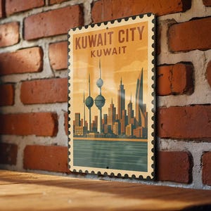 Kuwait City Metal Sign – Vintage Stamp Style Wall Art, Kuwait Skyline Decor, Travel Souvenir, Rustic Metal Wall Plaque