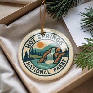 Hot Springs National Park Ceramic Ornament – Circular Stamp Style Travel Keepsake, Nature Lover Gift, Handmade Decoration