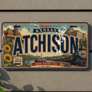 May include: A rectangular metal sign featuring the text Historic Kansas Atchison Where History Lives Est. 1854. The design includes illustrations of a historic building, a steam locomotive, a riverboat, and sunflowers, with a small sign noting Birthplace of Amelia Earhart.