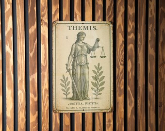 Vintage Themis Botanical Tin Sign – Scientific Illustration Wall Art, Aged Metal Plate, Sage & Ochre Decor, Antique Style